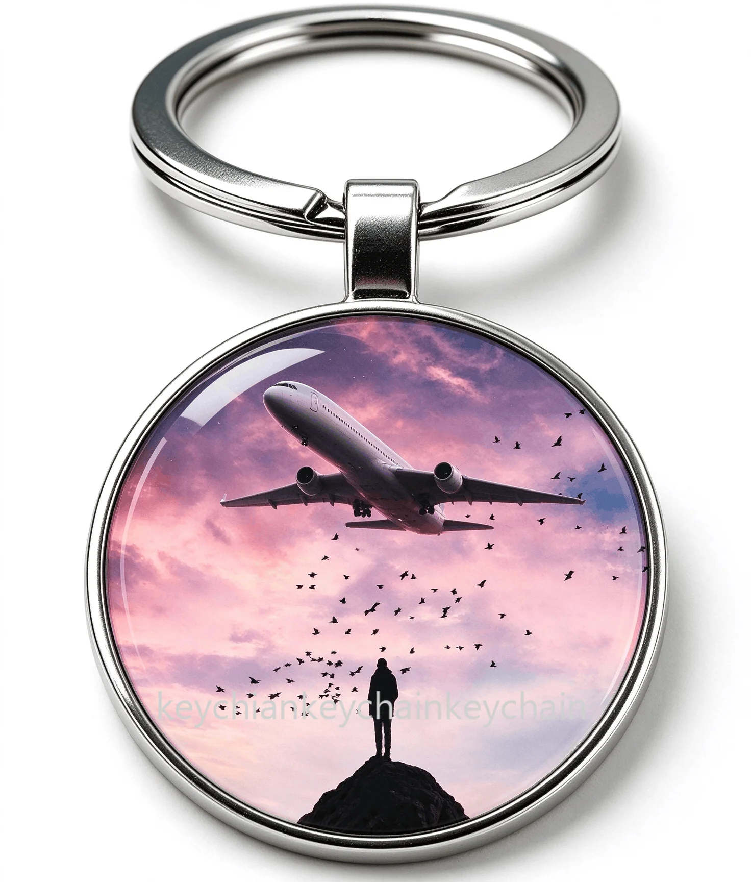 airplane sunset mountain Keychain Round Photo Keyring Fashion Bag Charm Car Key Pendant Gift