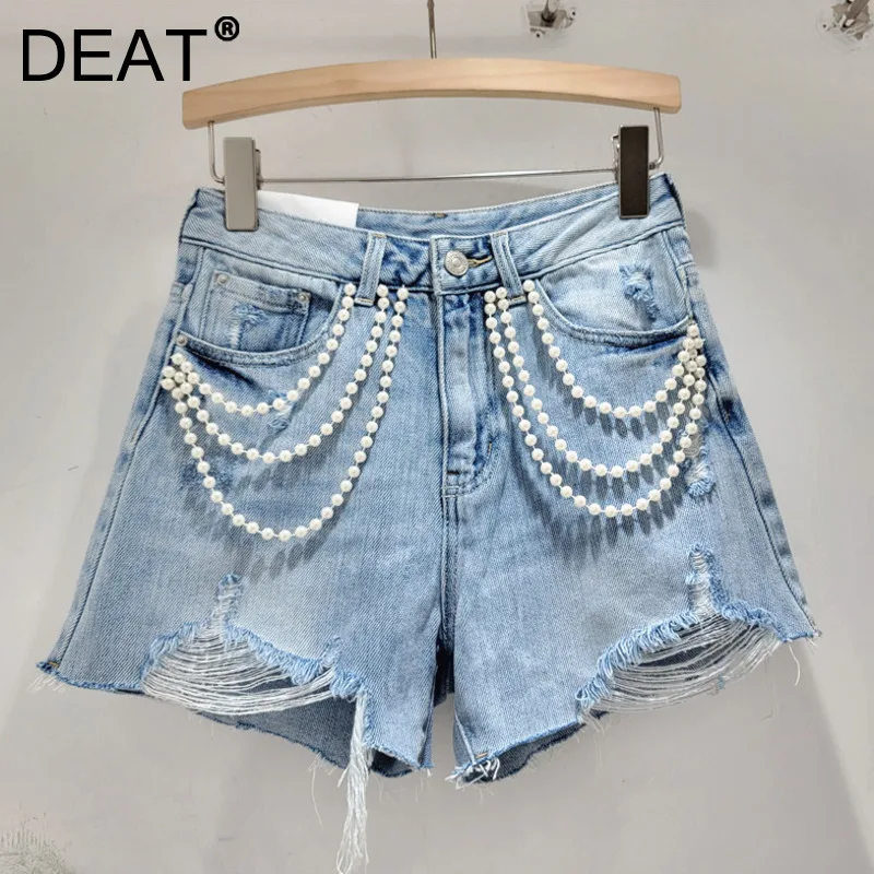 DEAT Heavy Industry Beaded Chain Decoration Fur Edge Wide Leg shorts Women's High Waist Denim short Pants 2024 summer 11XX9153