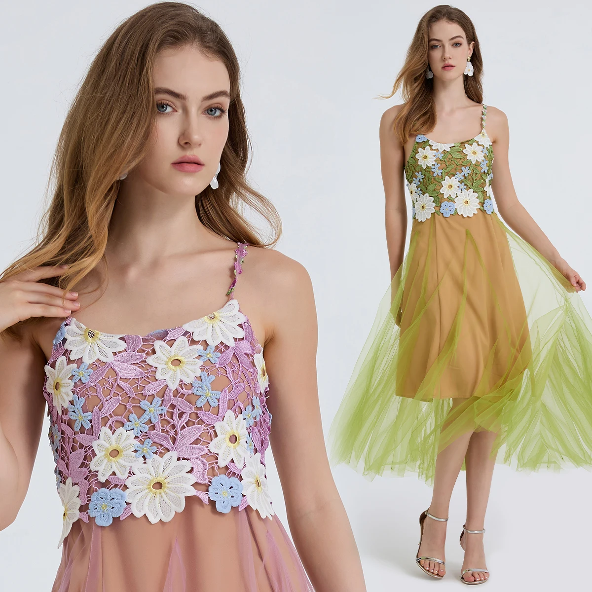

Fashion New Product Water soluble Lace Embroidered Shoulder Strap Splicing Mesh Large Swing Dress