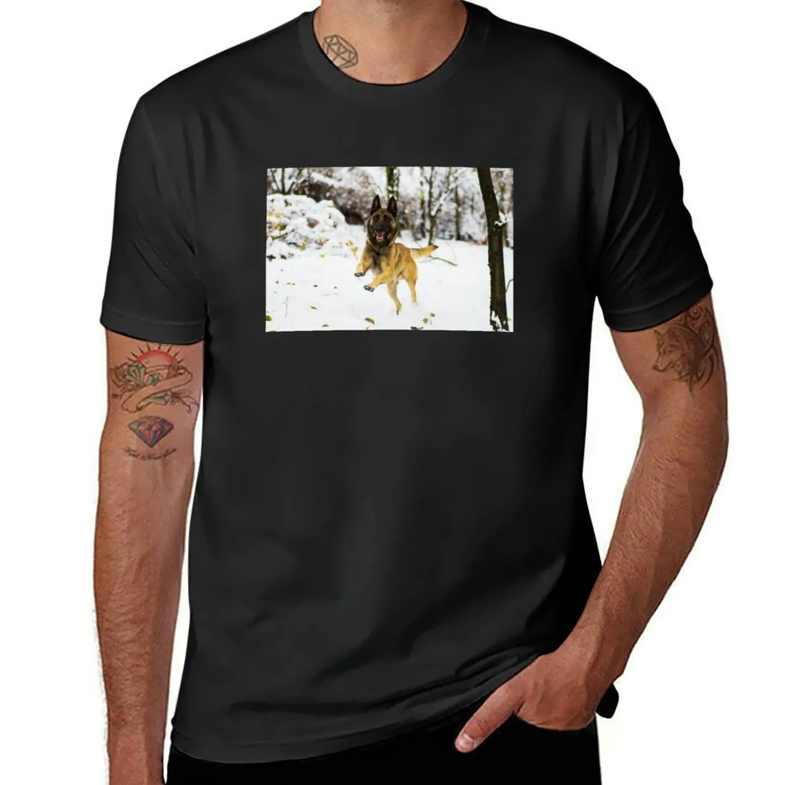 Belgian Malinois Running In Snow T-Shirt customs design your own plus sizes summer tops mens big and tall t shirts