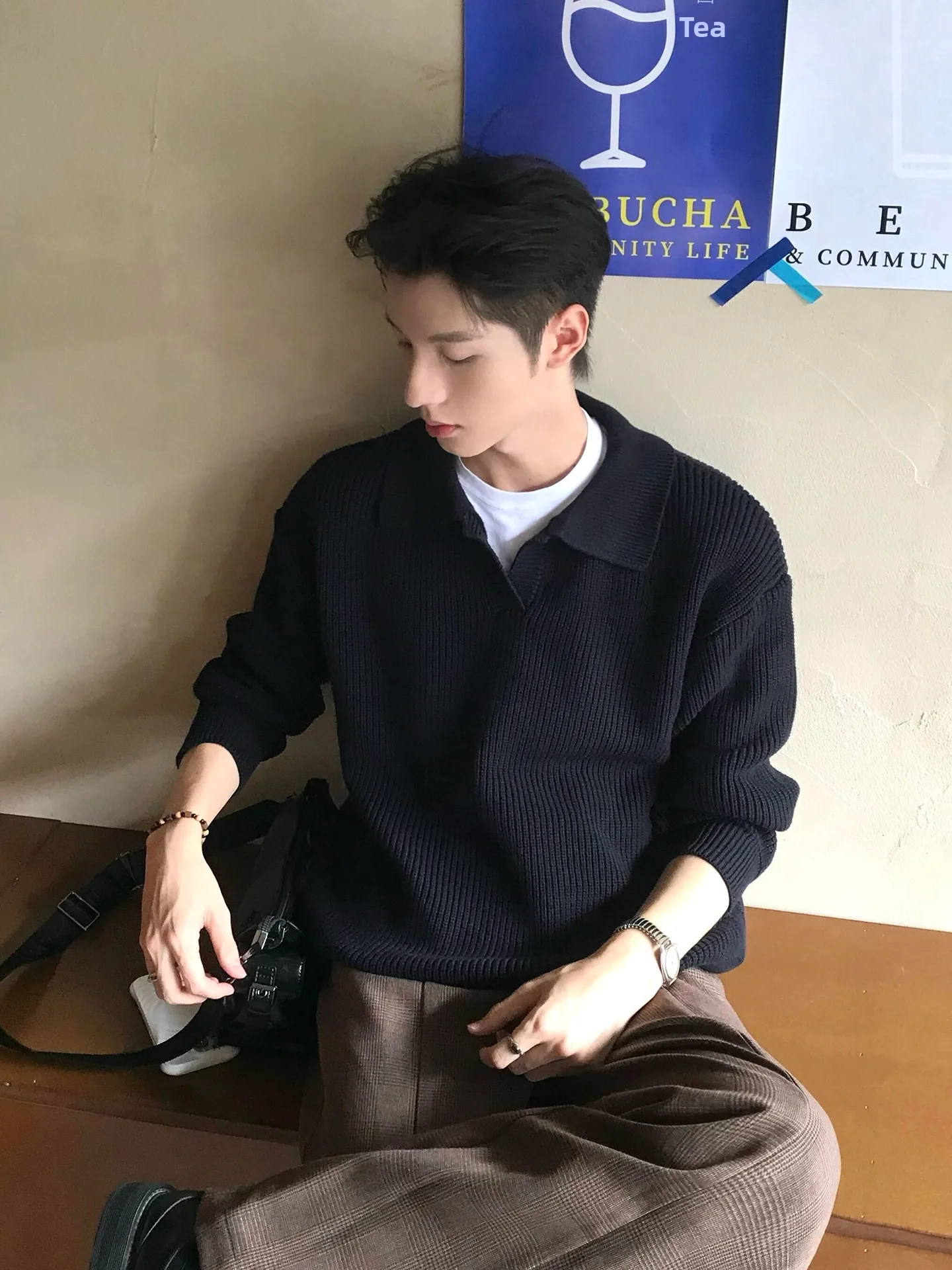 

Мужской свитер с воротником в американском стиле, с длинным рукавом, базовый слой, вязаный, осенне-зимний, корейский стиль, премиум-класса