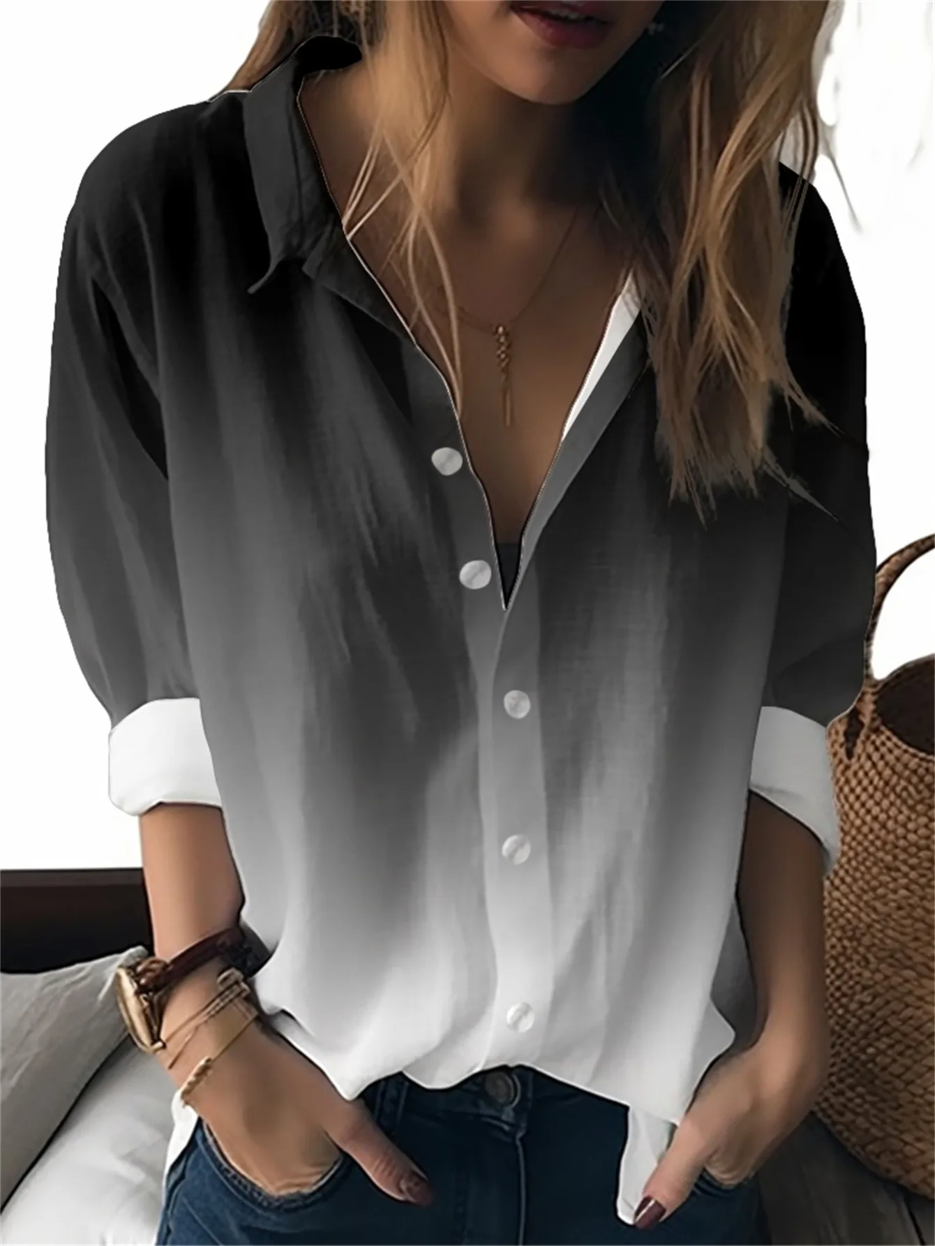 2026 Spring and Autumn New Street Casual Fashion Versatile Comfortable 3D Gradient Pattern Printed Women's Long Sleeve Shirt
