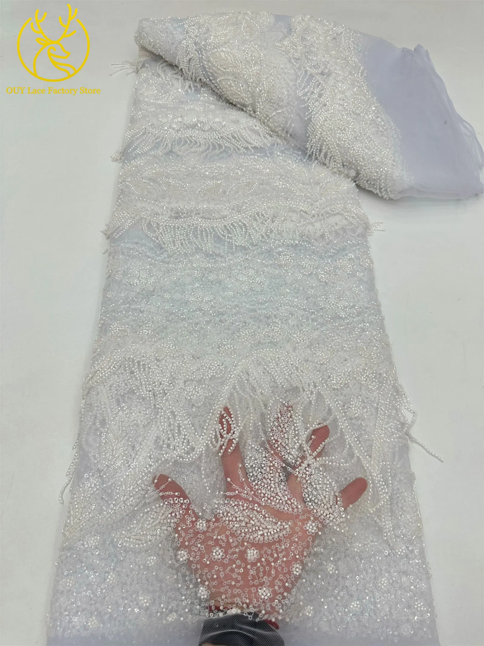 Goldener 3D-Hängeperlen-Spitzenstoff, hochwertiger afrikanischer Spitzenstoff, luxuriöser französischer Tüll mit Pailletten für Hochzeits- und Partykleider – Detail 20