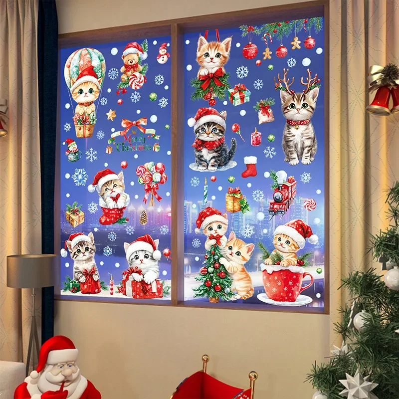 

Christmas naughty cat balloon gift snowflake glass sticker Christmas window cabinet static