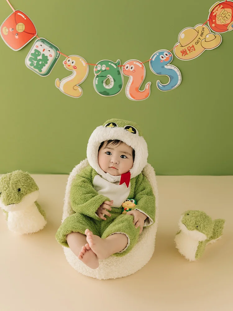 

Lovely Green Snake Theme Furry Jumpsuit+Snake Hat 3-4 Month Baby Photography Costume Set Snake Dolls Studio Photo Shoot Props