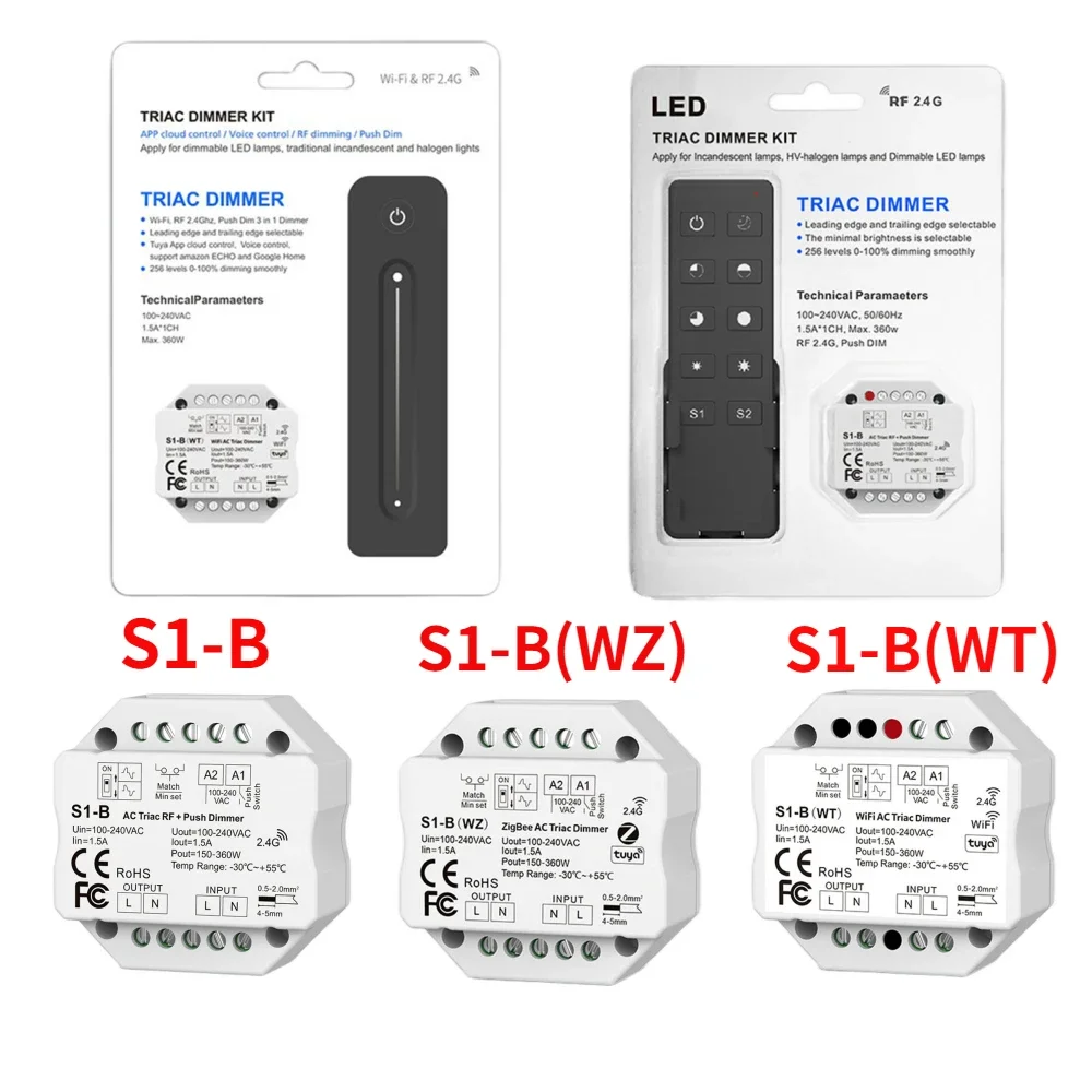 ZIGBEE WiFi i RF Push AC Triac Dimmer S1-B/S1-B(WT)/S1-B(WZ) Tuya APP Switch 2.4G LED Controller For Single Color LED Lamp Strip