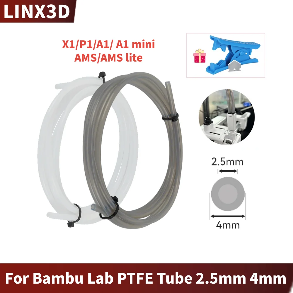 For Bambu Lab P1P/P1S/X1/X1C PTFE Tube 2.5mm ID×4mm OD, Length 4/8M Transparent White/Grey PTFE Tube with Tubing Cutter 3D Print