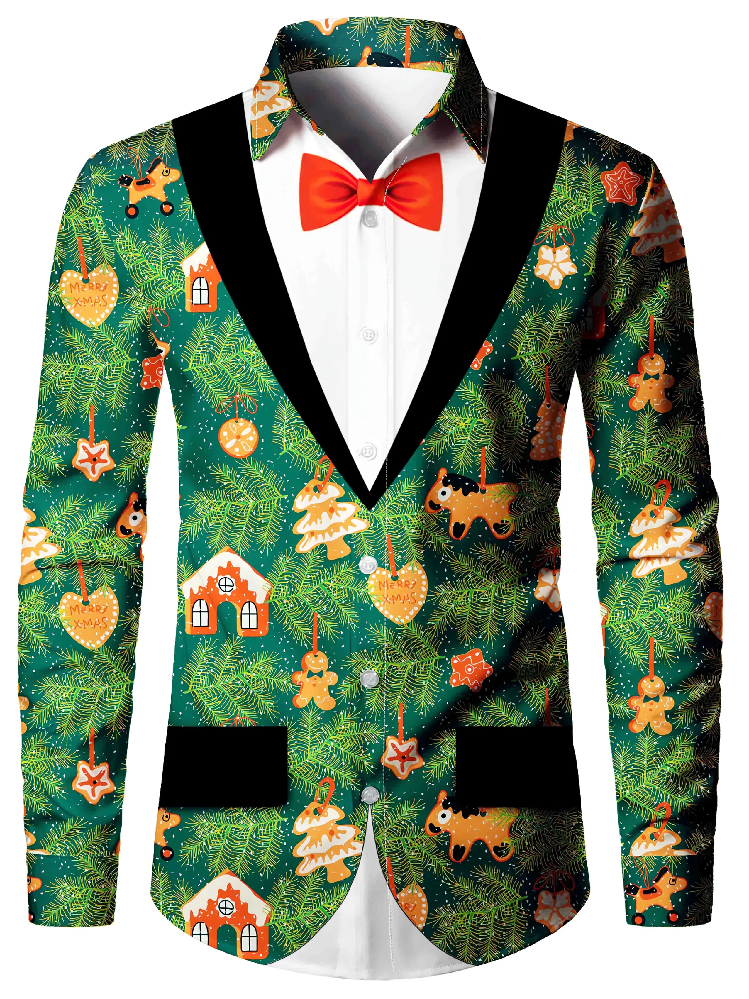 2025 Men'S Christmas-Themed Green Ugly Sweater Shirt with Festive Christmas Snowman Design,Long Sleeve Button-Up Fall & Winter
