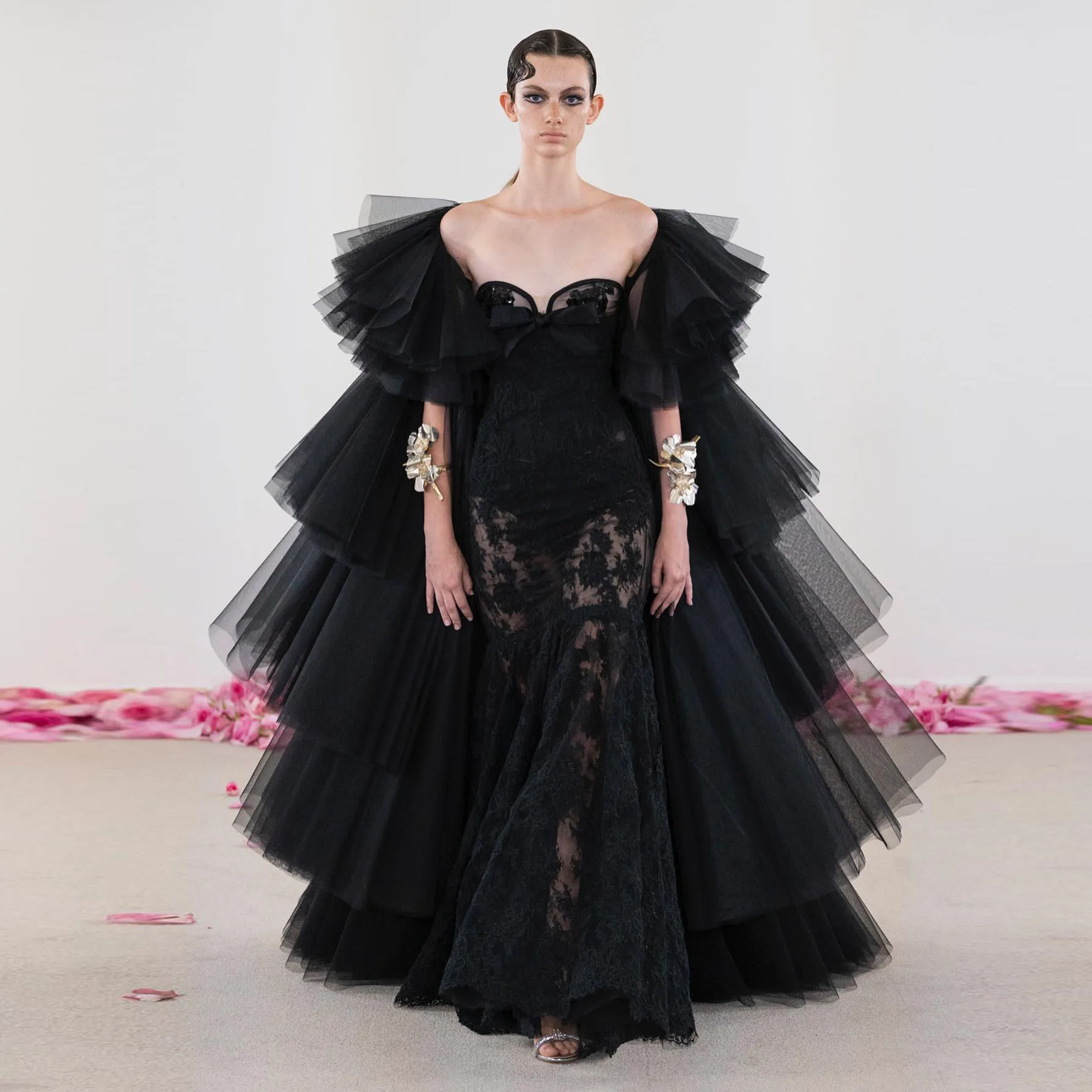 Unique Designed Black Lace Mermaid Long Maxi Gowns With Ruffles Tulle Cape Sexy See Thru Long Formal Party Dresses