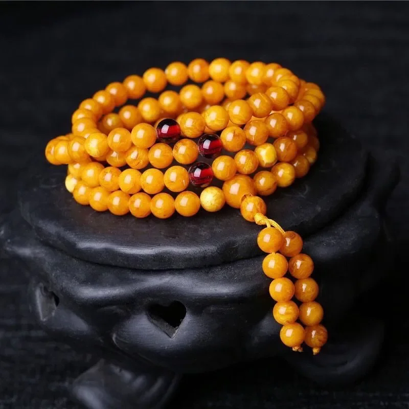 Old Beeswax Bracelet Multi-circle Amber Bead Bracelet, Chicken Oil Yellow Ethnic Style 108 Buddha Bead Bracelet