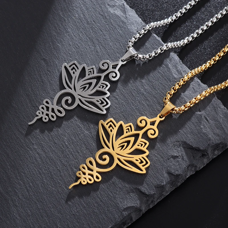 Stainless Steel Vintage Lotus Symbol Pendant Hindu Yoga Buddhist Necklace Beautiful Women Fashion Jewelry Girls Gifts