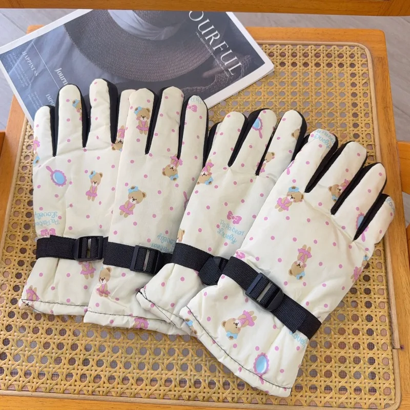 2025년 신상 겨울 터치스크린 스키 장갑 두꺼운 따뜻한 부드러운 장갑 방풍 방수 귀여운 핑크 곰 장갑 라이딩 장갑