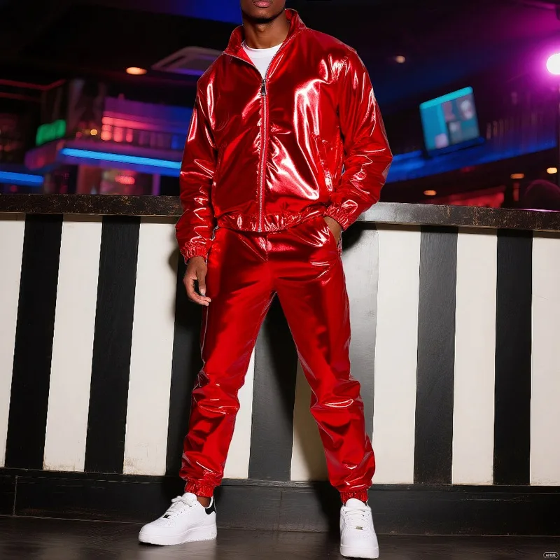 

Hot Selling Men's Glossy Plus Size Loose Sports Suit, Stage Performance Costume, Hip-hop Style Jacket Jacket+leg Binding Pants,