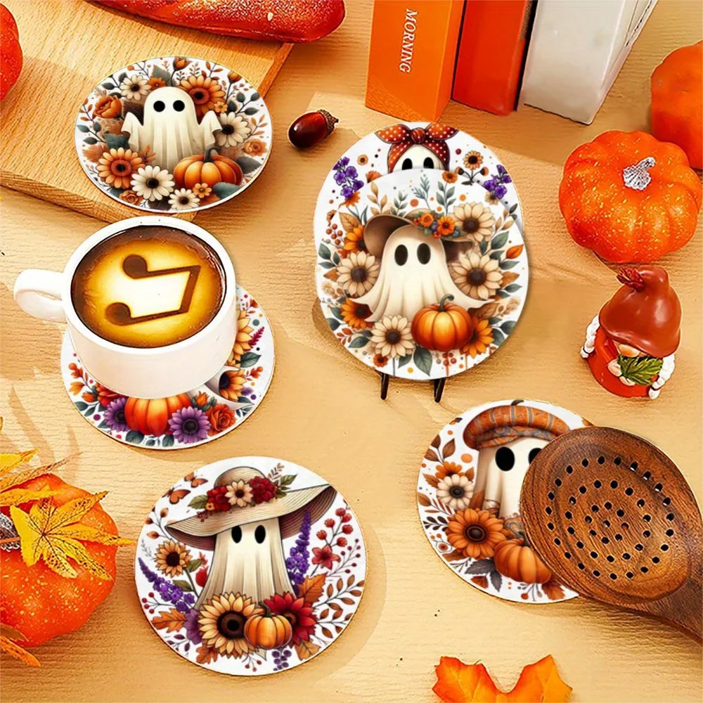 6PCS 2D Retro Ghost Pumpkin Leaf Pattern Wood Cup Mat for Coffee Shop Office Home Decor Seasonal Party Festive Decor Gift 10CM