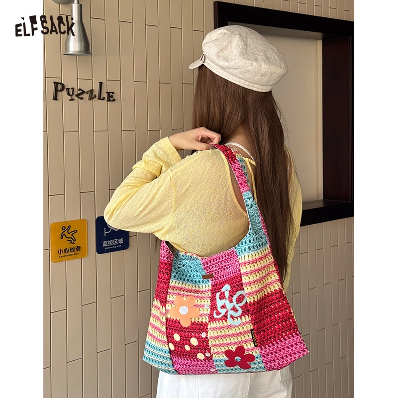 

ELFSACK Colorful Crochet Tote Bag, Bohemian Floral Print Knit Shoulder Bag, Casual Summer Beach Bag for Women