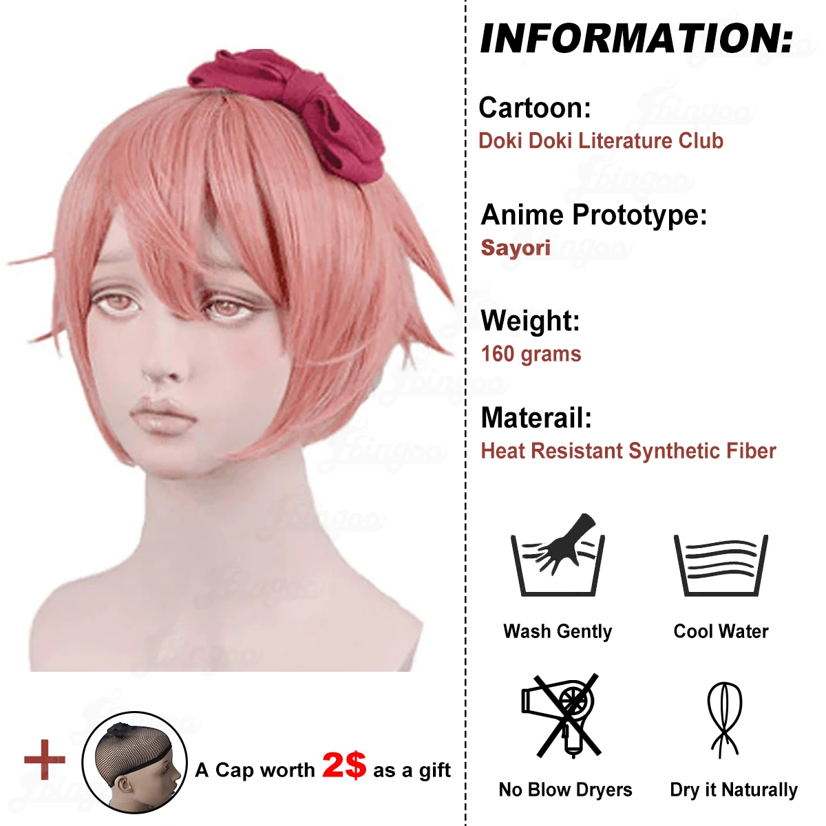 Ebingoo DDLC Doki Doki Literature Club Sayori Cosplay Wigs Pink Short Wig Heat Resistant Synthetic Hair Wigs for Hollywood Party