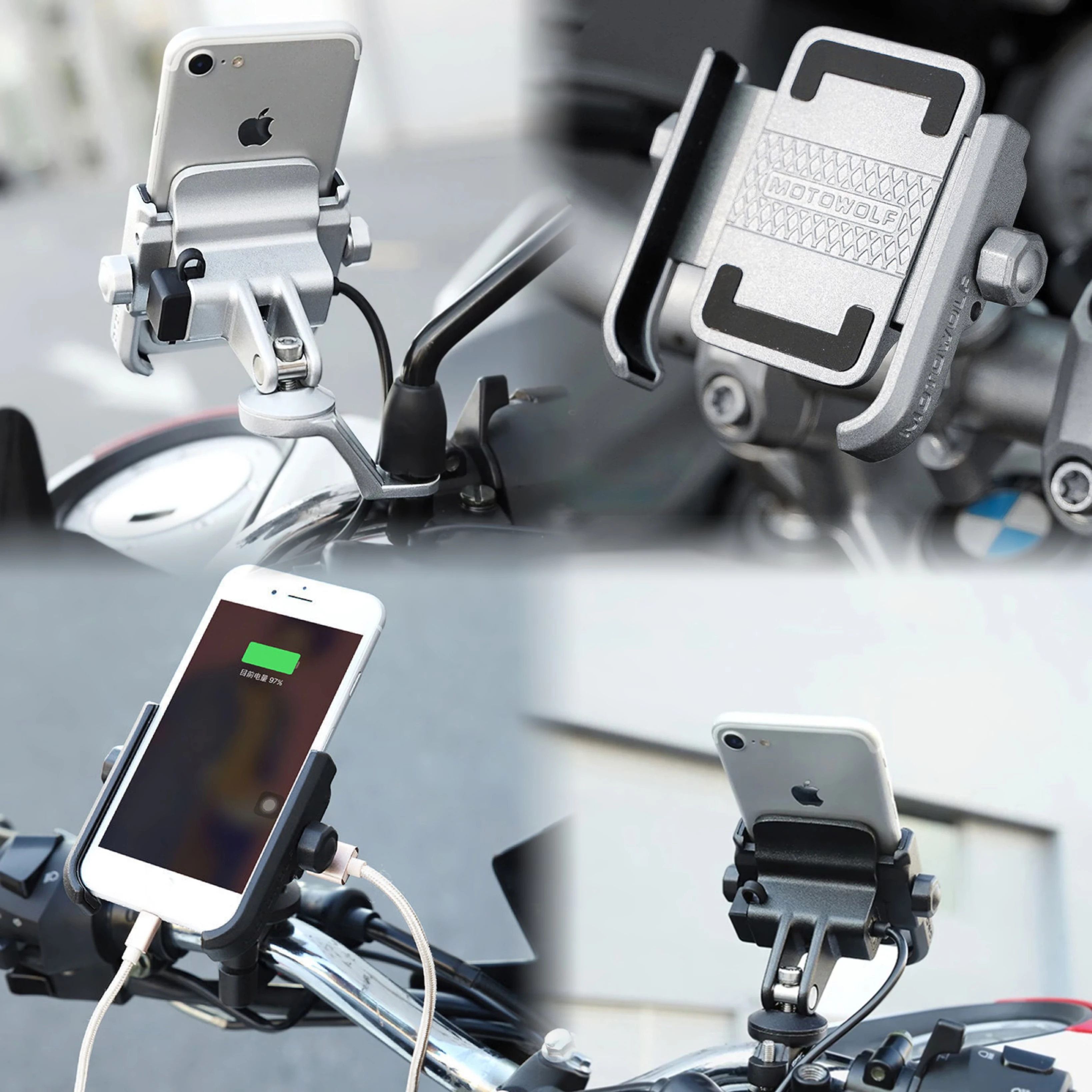 Motowolf Motorcycle Bike Bicycle Moto Phone Mount Holder 360 Degrees Rotation Phone Holder Universal ALL Phone With USB Aluminum