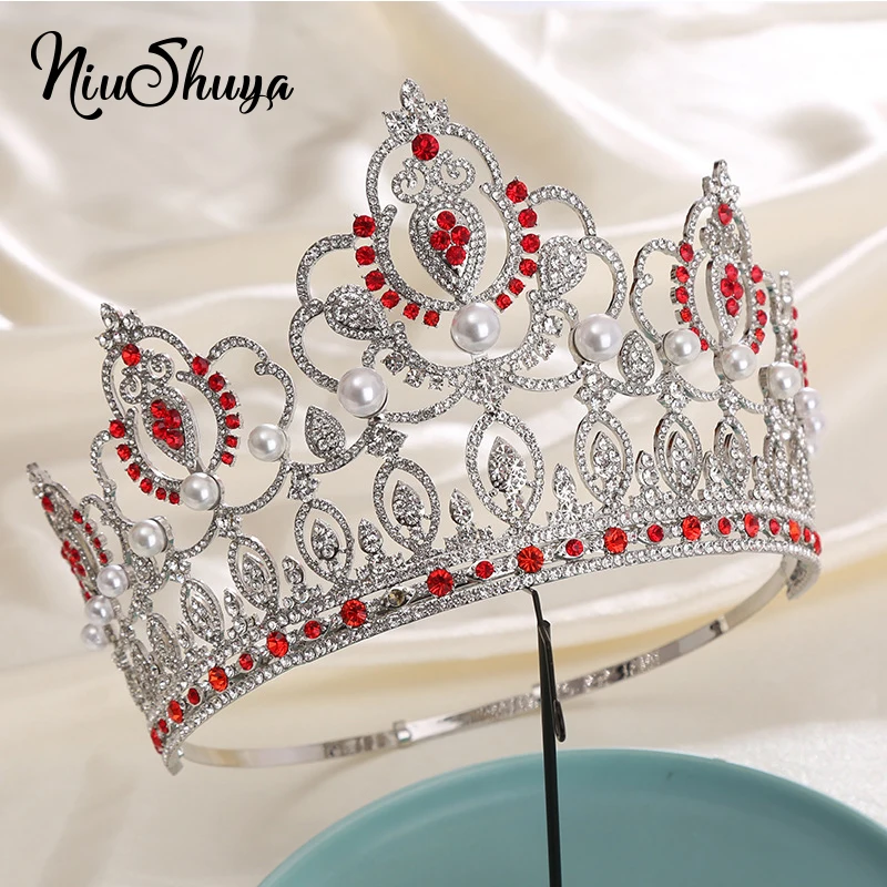 

NiuShuya Luxury Round Bride Crown Pearl Big Tiara Wedding Hair Jewelry Queen Crowns Diadem For Women Headband Dress Accessorie