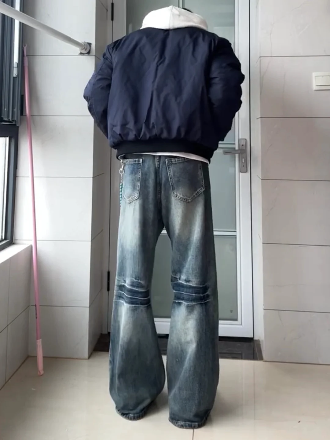 Cleanfit Blue Lightning Pattern Flared Jeans Men's Handsome Washed American Style High Waist Straight Leg Wide Leg Knife Pants