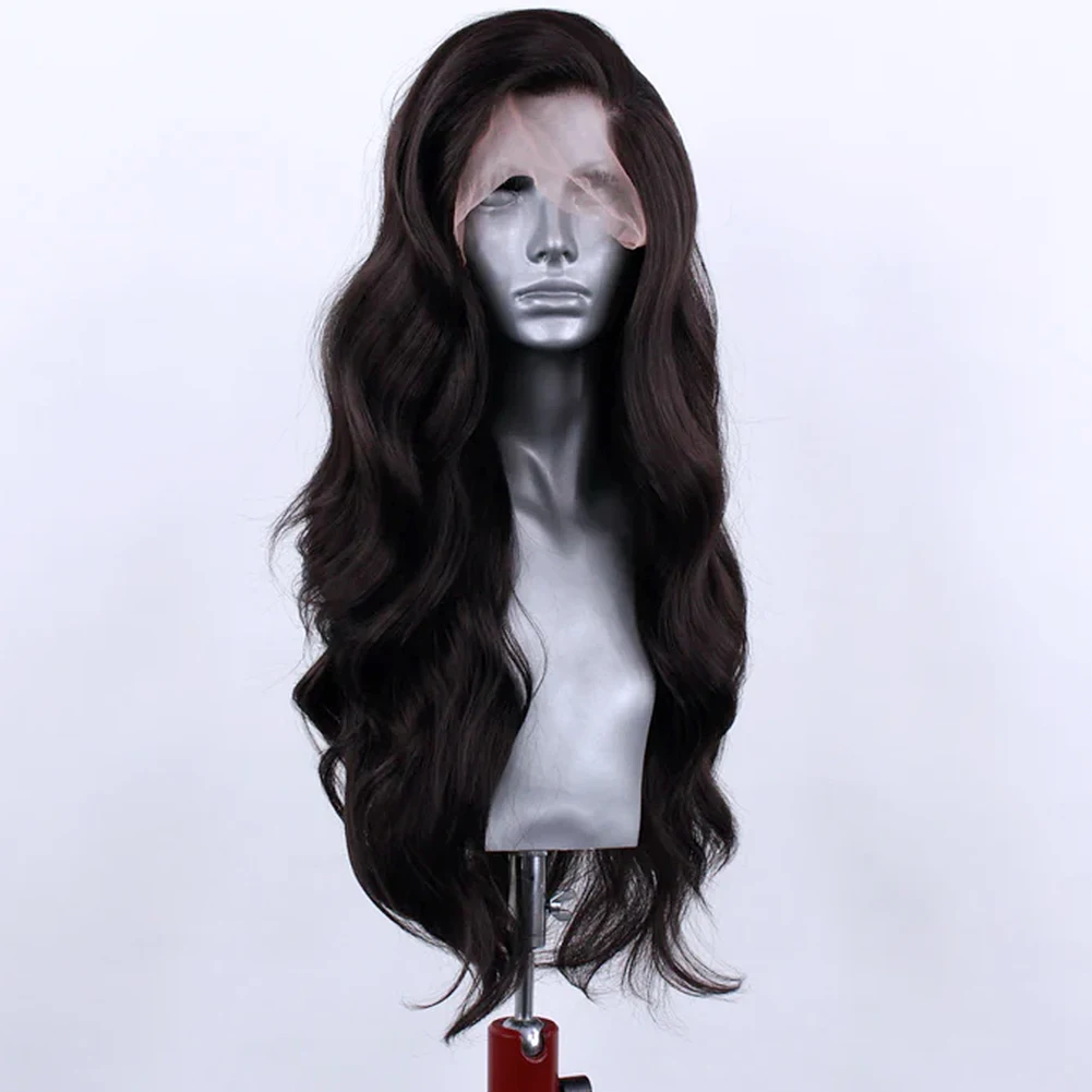 Syntetyczna koronka peruki AIMEYA 13x4 dla kobiet ciemnobrązowe peruka Body Wave naturalną linią włosów żaroodporne bezklejowe peruki do Cosplay