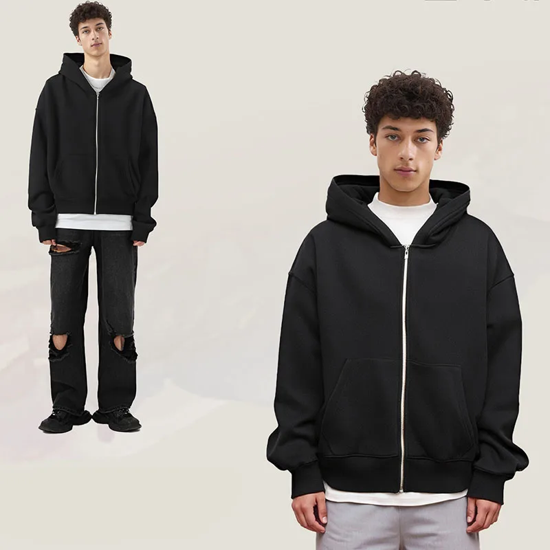 New men's double zipper hooded sweatshirt sweatpants unisex loose basic hooded sweatshirt jacket winter pants two-piece set