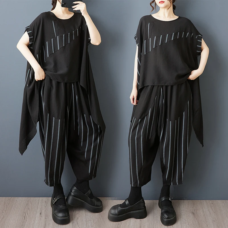 Slimming Summer New Loose Fashion Artistic Striped Patchwork Asymmetrical Top Harlan Pants Two-Piece Set Women's plus Size