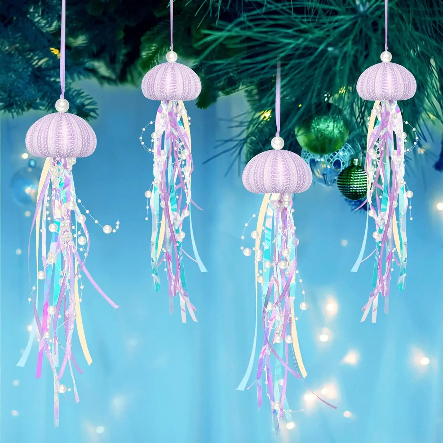 

4 PCS Coastal Sea Urchin Decorations with Rope for Christmas Tree