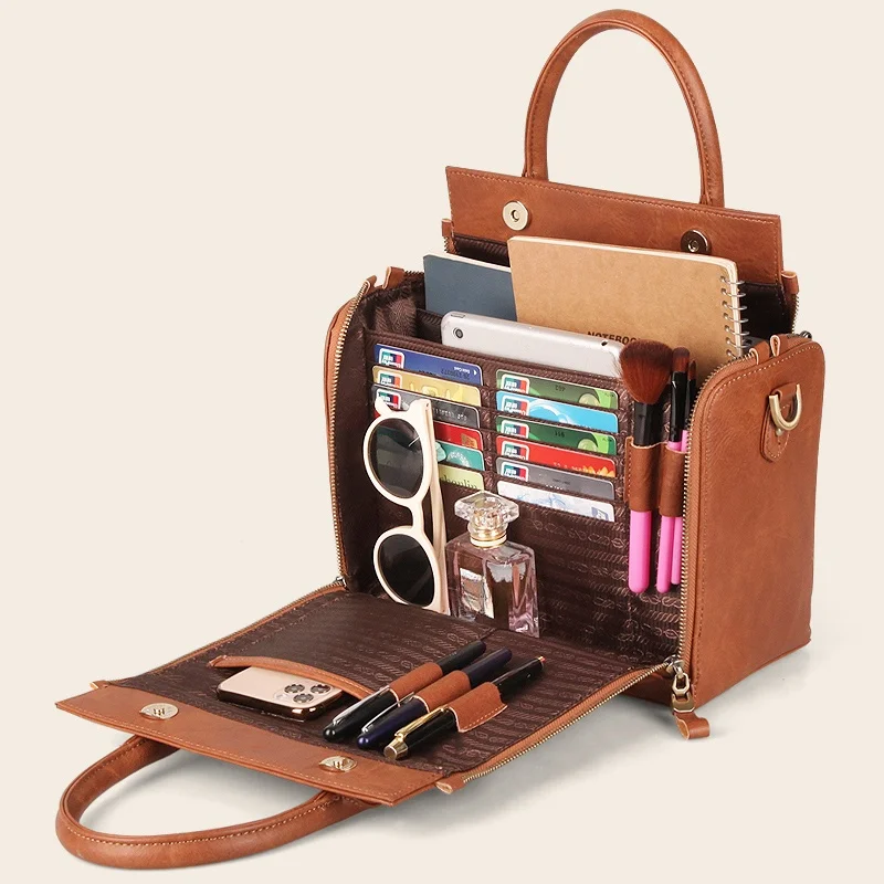 Retro Brown Simple Handbag Women Multi Layer Large Capacity Shoulder Bag Ladies Versatile Multi Function Commute Crossbody Bags