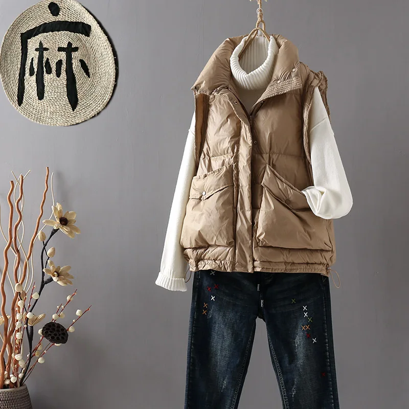 

Winter Women Sleeveless Drawstring Down Waistcoat Warm Thick White Duck Down Vest Coat Ladies Short Casual Oversize Tank Jacket