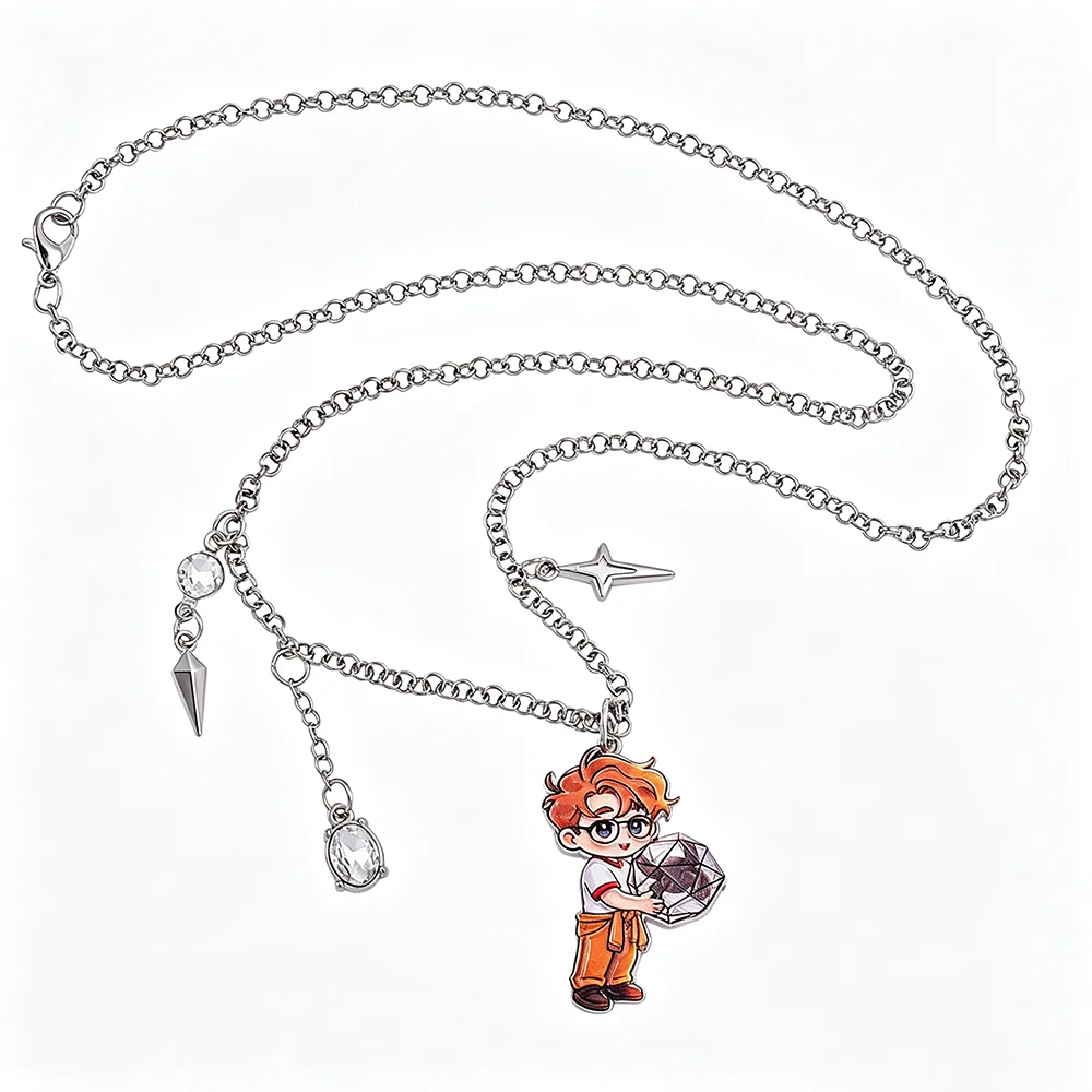 Collar de metal esmaltado con el diseño «Project Hail Mary», colgante de Ryland Grace con cristal de xenón y cadena asimétrica con forma de estrella.