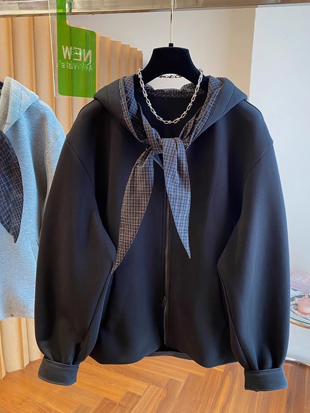 Loose Fit Plaid Splice Hooded Cardigan Women's Spring Autumn plus Size Slimming Top  Knot Long Sleeve Zipper Closure