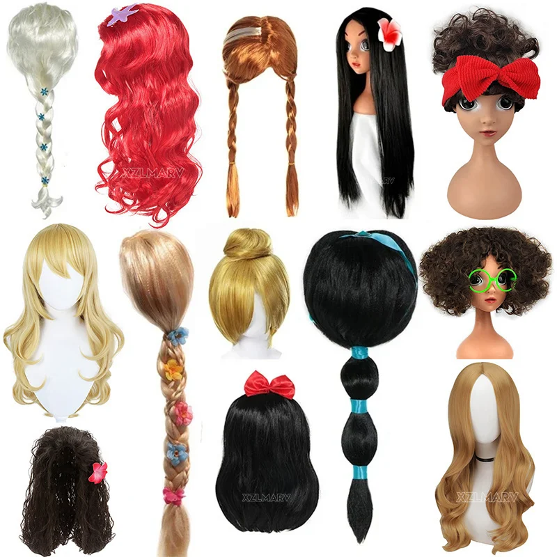 Fancy Children Wigs Princess Girls Elsa Anna Cosplay Wednesday Accessories Kids Ariel Halloween Jasmine Kids Little Mermaid Wigs