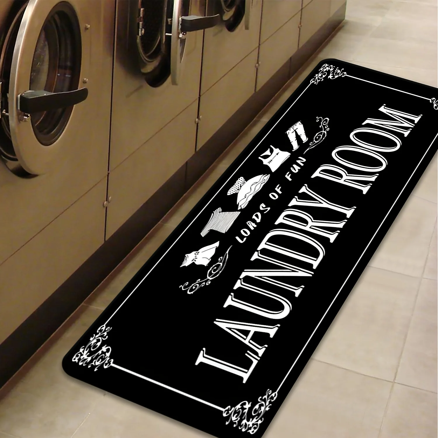Laundry Room Clothes Sketch Floor Mat Non Slip Quick Dry Runner Black Base White Text Print Carpet for Kitchen Hall Bathroom