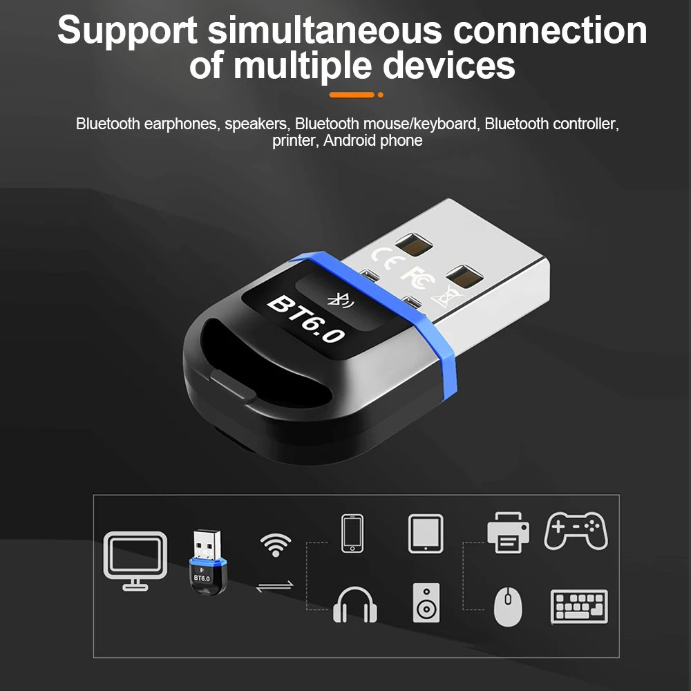 KEBIDUMEI USB Bluetooth 6.0 Adapter BT6.0 Dongle for PC Win11/10/8.1 Bluetooth Receiver Transmitter for Keyboard/Mouse/Headphone