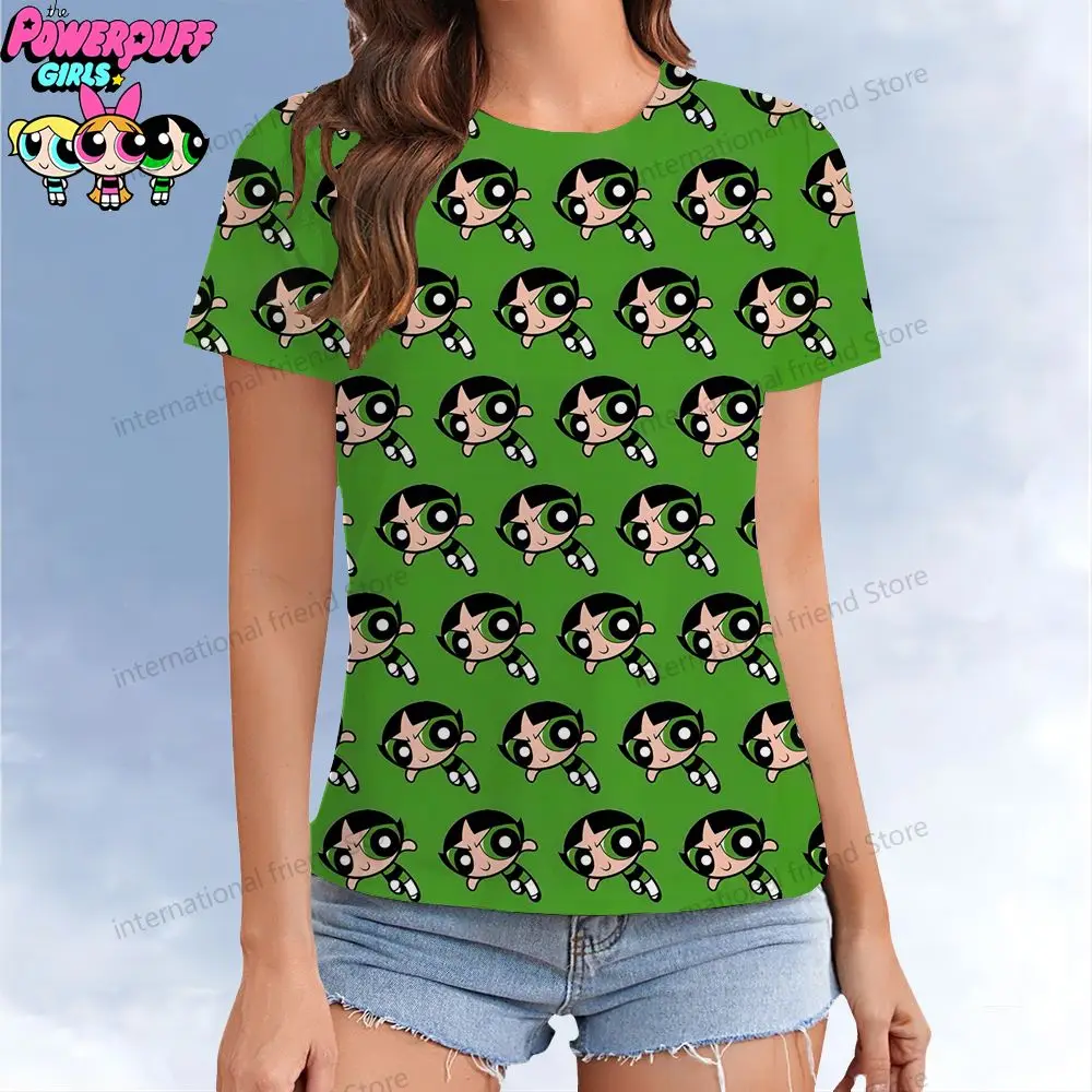 The Powerpuff Girls Women's T-shirt Kawaii Summer Short Sleeve XS-3XL Parent-child Wear O Neck Woman Clothing Cheap Clothes Y2k