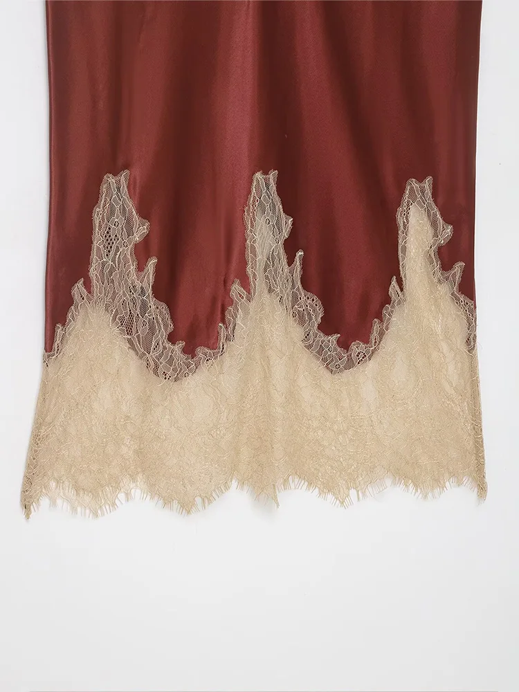 HH أزياء المرأة عالية الخصر الدانتيل الديكور تنورة طويلة الساتان الملمس تنورة المرأة الجانب سستة فضفاضة الشارع نمط ميدي تنورة