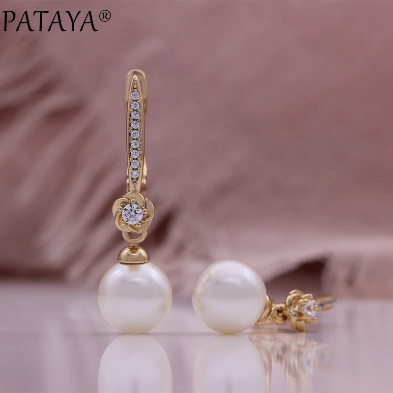 PATAYA New Geometric Pearl Long Drop Earrings for Women 585 Rose Gold Color Natural Zircon Modern Party Daily Fine Jewelry