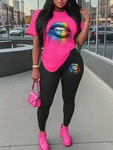 Rainbow Lips Print 2-Piece Set: Pink Short Sleeve T-Shirt & Black Leggings for Summer Streetwear