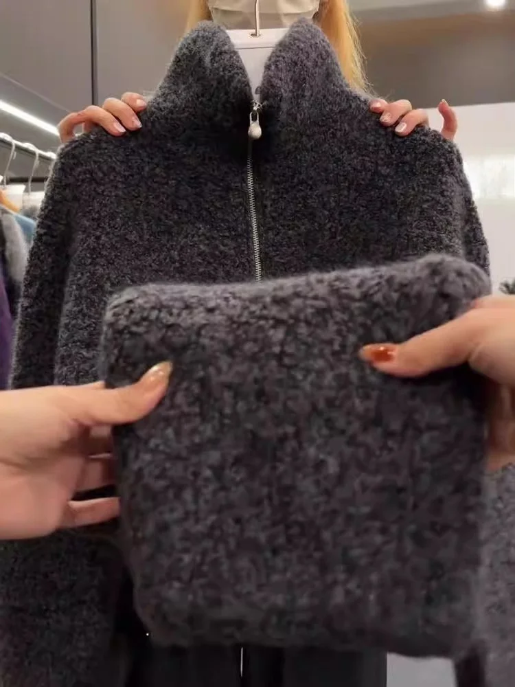

plus Size Fleece Lined Thickened Lamb Fur Sweatshirt Women's Autumn Winter Half Zipper Stand Collar Top Korean Style Loose Fit