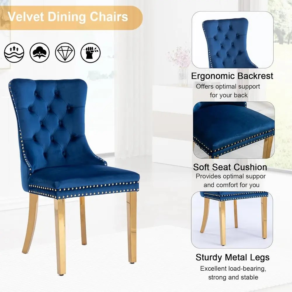 4-Person Glass Top Dining Table Set with Upholstered Chairs, 35 Square, Gold & Blue Accents for Small Kitchen or Breakfast Nook