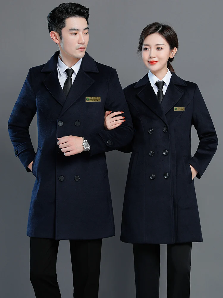 

Женское шерстяное пальто для работы на стойке регистрации отеля, зимнее, длинное, с воротником-стойкой, двубортное