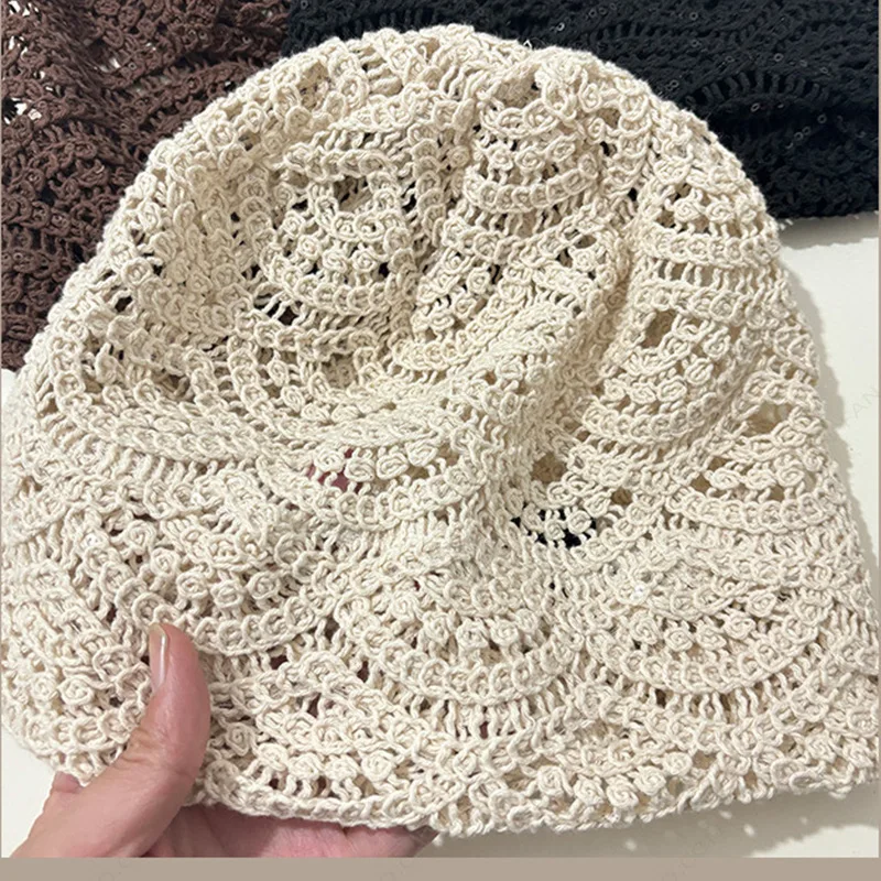 Damen Vintage Häkel-Slouchy-Mütze, Atmungsaktive Spitzenmuster-Strickmütze in Unifarben