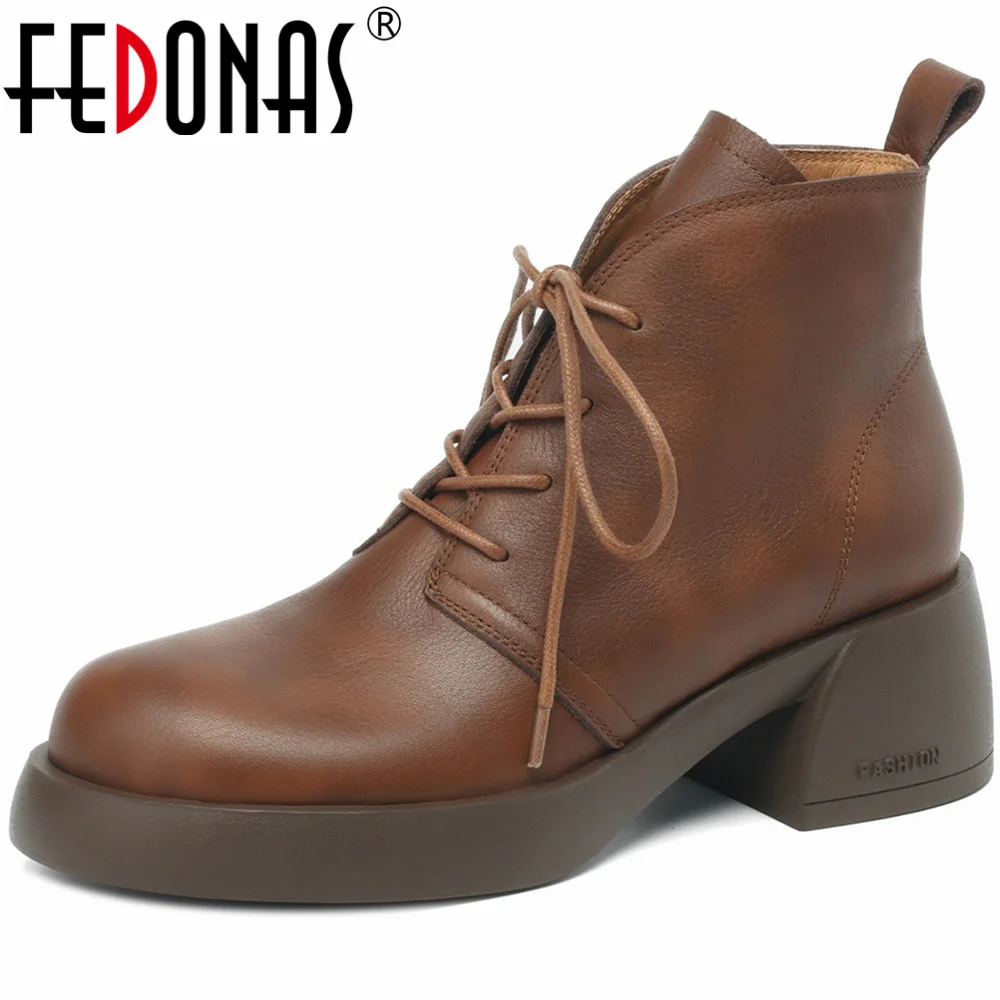 

FEDONAS Classic Lace-Up Women Ankle Boots Autumn Winter Thick Heels Genuine Leather High Quality Office Lady Working Shoes Woman