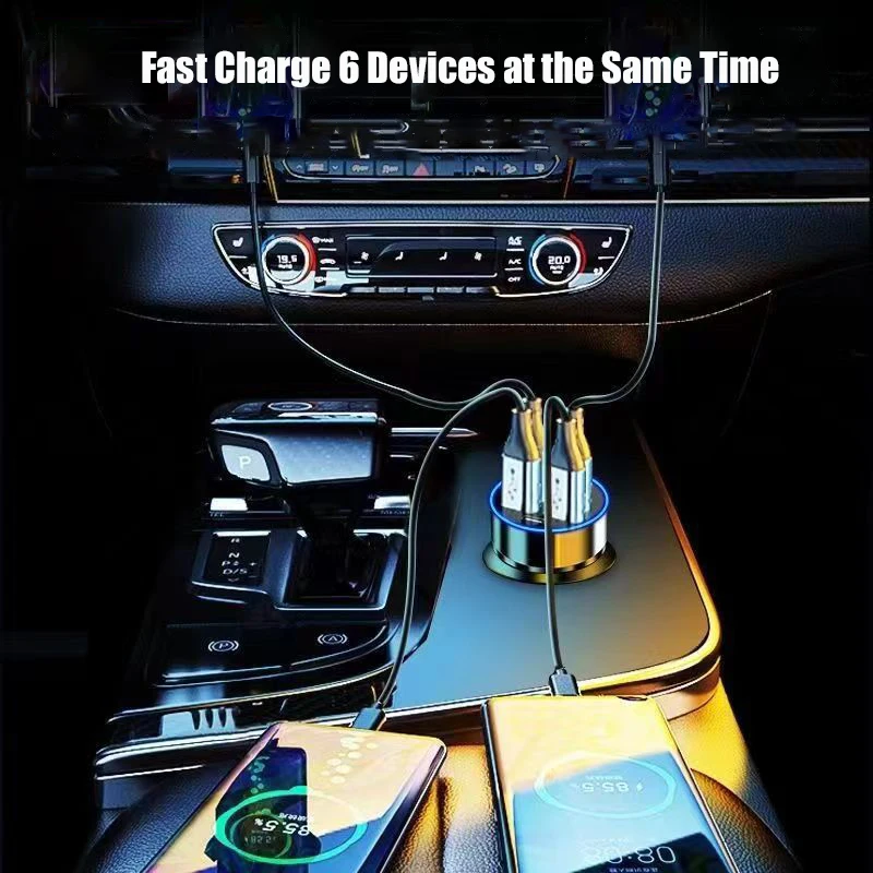 Ładowarka samochodowa UYUXIO Multi Port 6 w 1 USB C z wyświetlaczem napięcia do iPhone 17 16 Samsung Szybkie ładowanie z woltomierzem