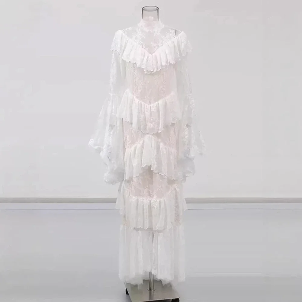 

Vintage Hollow Out Floral Lace Dress Sexy High Neck Tiered Ruffle Evening Gowns Elegant Bell Sleeve Prom Birthday Party Dresses