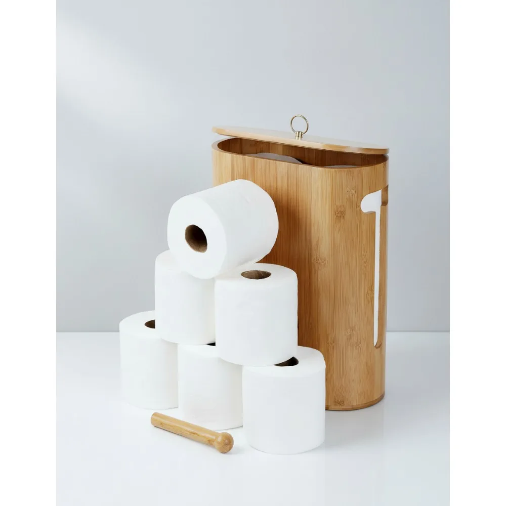 

Bamboo Toilet Paper Holder with Dual-Use Lid, Freestanding Storage for 6 Rolls, Anti-Slip Base for Bathroom Organization