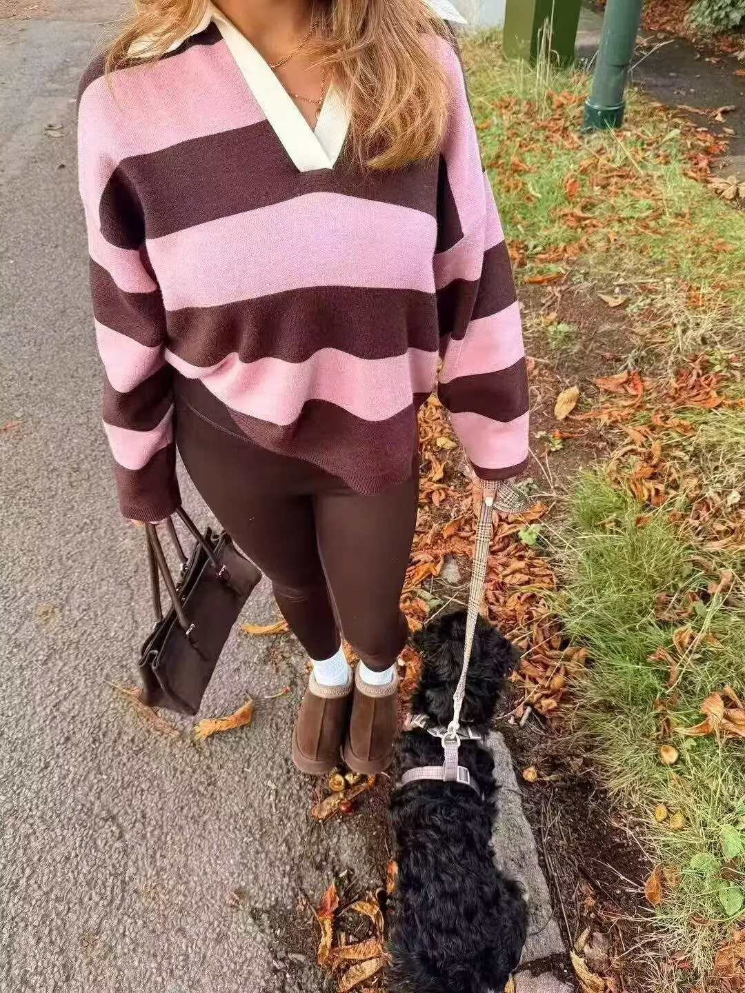 المرأة الخريف الشتاء الصلبة بولو طوق سترة البلوز سترة الإناث أنيقة الدافئة الأصفر الرمادي مخطط محبوك اقتصاص سترة #4