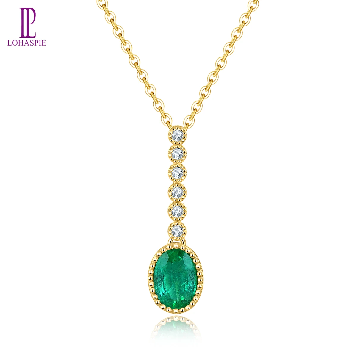 

LP Natural Emerald & Diamond Pendant Solid 18K Yellow Gold Necklace Fashion Style Fine Jewelry for Women with Silver Chain