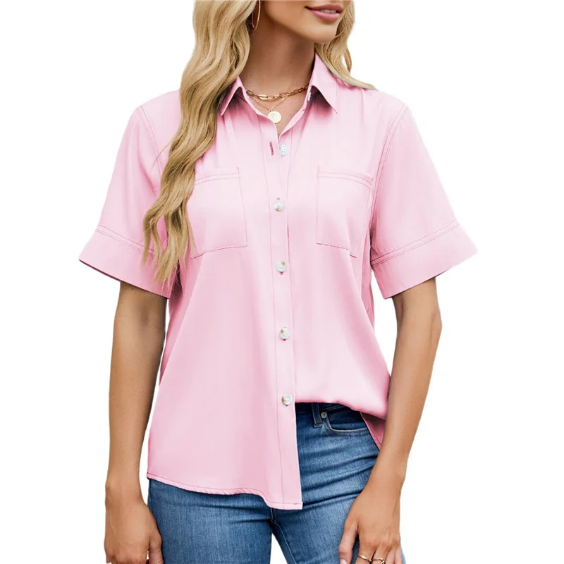 FX-Camicia abbottonata da donna Camicetta da lavoro casual con colletto a maniche corte e tasca