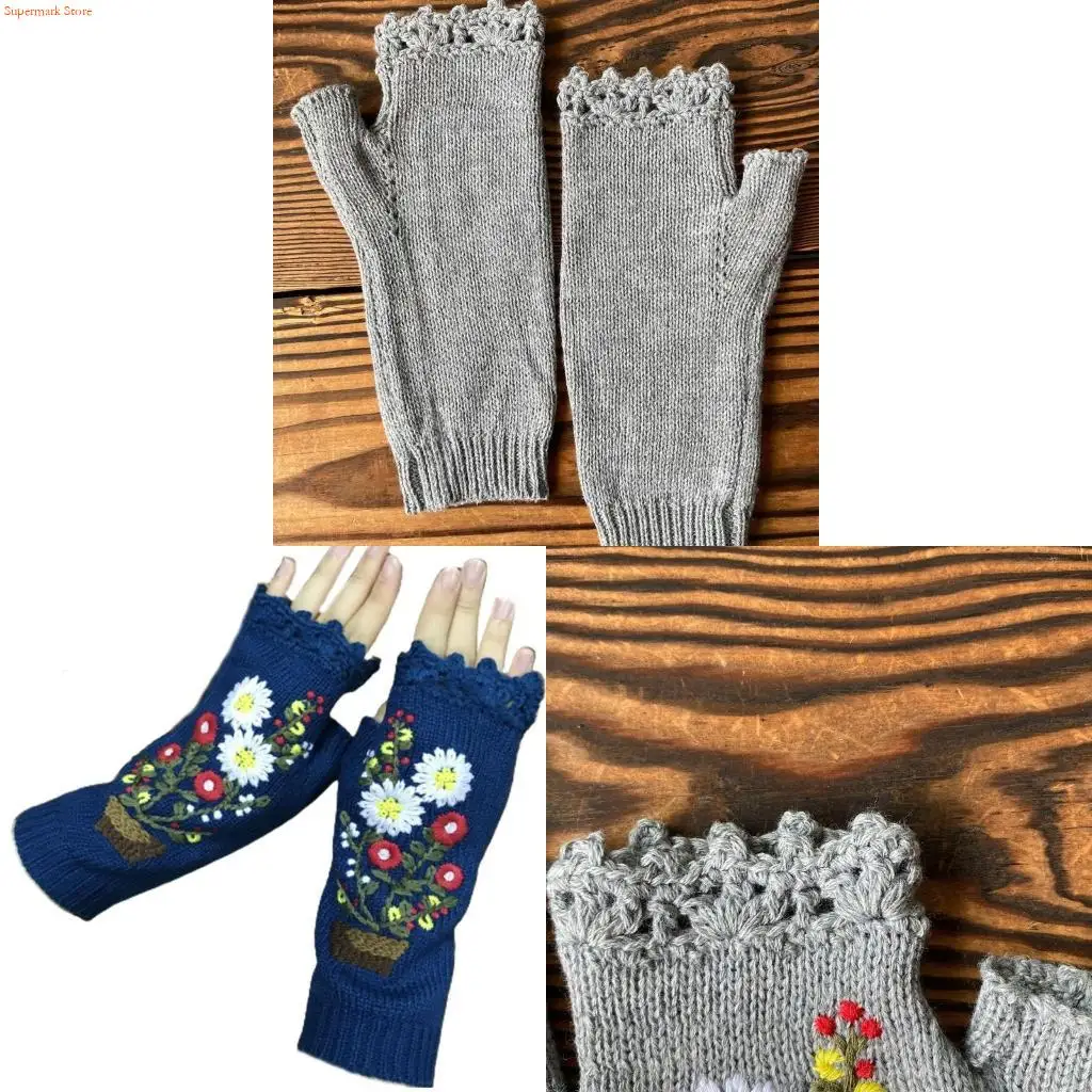 Q5WE Half Finger Gloves Floral Embroidery Fingerless Gloves Knitted Winter Warm Glove